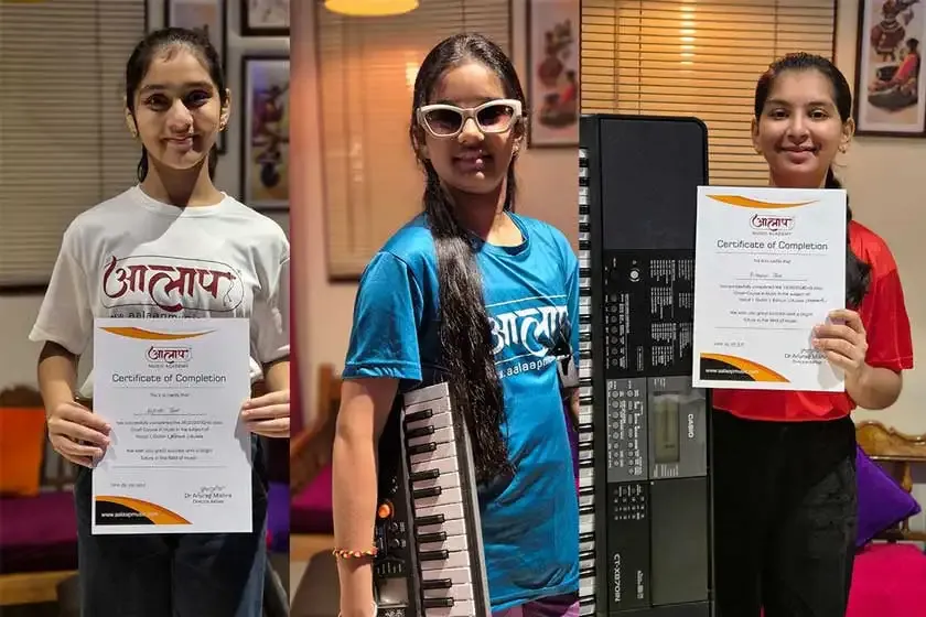 Piano students with certificates at Aalaap Academy
