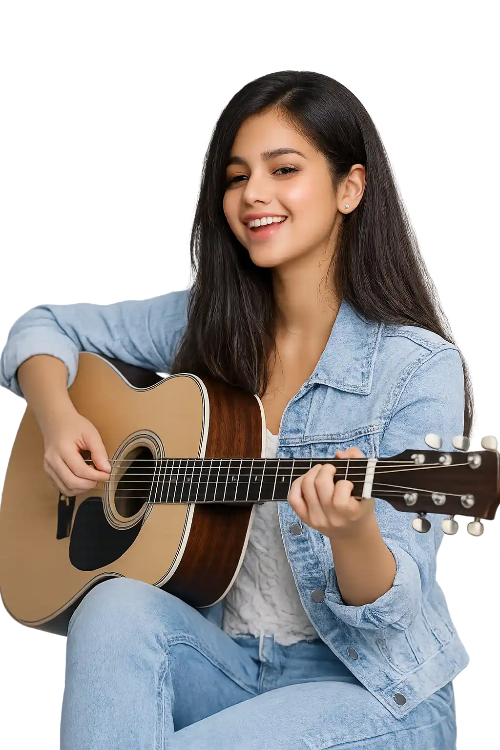 A student playing guitar in an online class